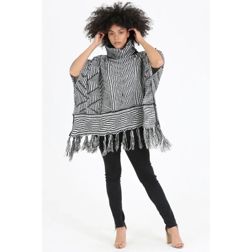 Angie Black White Turtleneck Fringe Poncho Sweater | Boho Fall Winter Layer